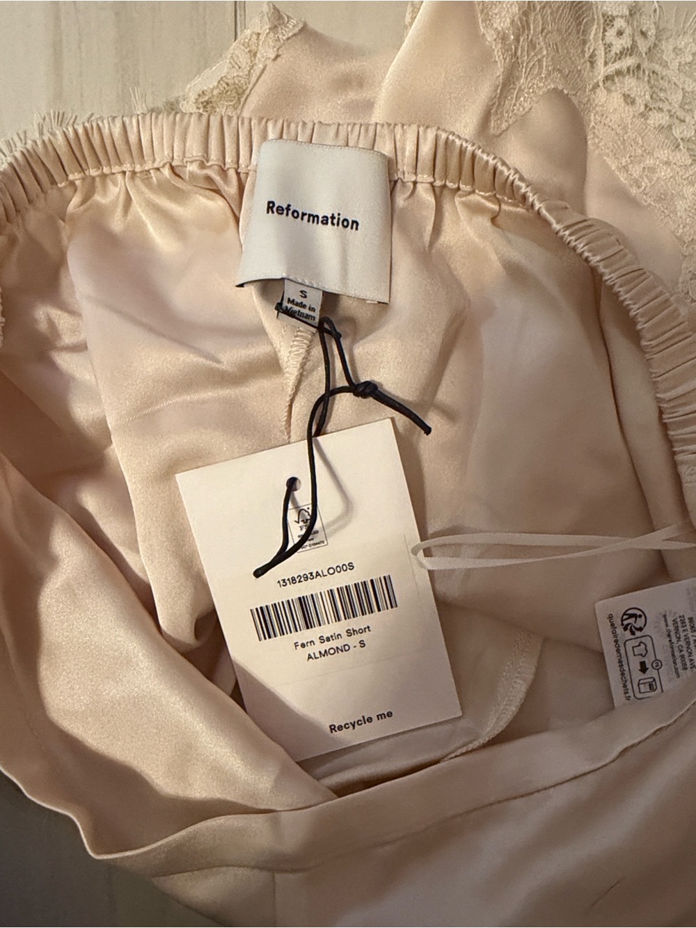 Reformation Almond Satin Shorts with Lace Trim - Picture 3 of 6